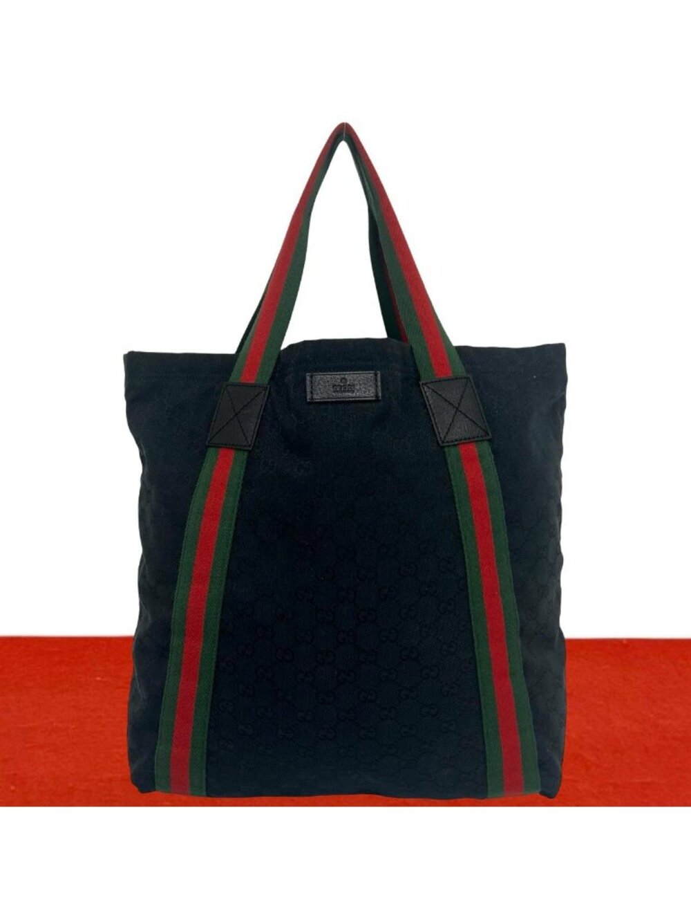 Gucci Sherry Line GG Pattern Logo Canvas Leather Tote Shoulder Bag Black